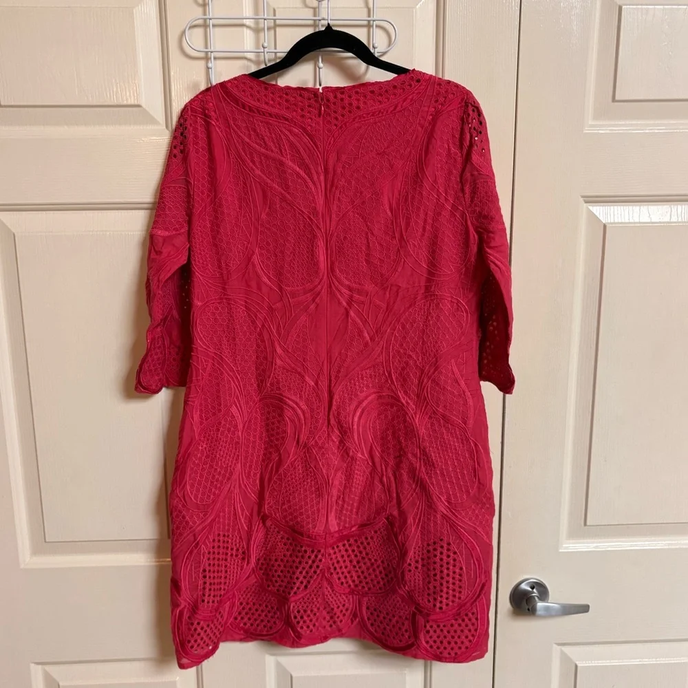 Elie Tahari Cotton/Silk Blend Eyelet Fully Embroidered 1/4 length Sleeve Dress